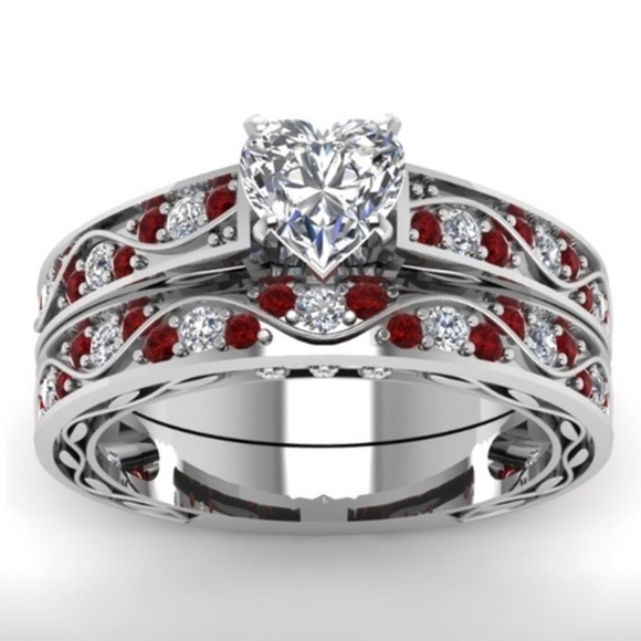 Paradise Boutique Jewelry - Sterling Silver Ruby CZ Diamond Heart Ring Set